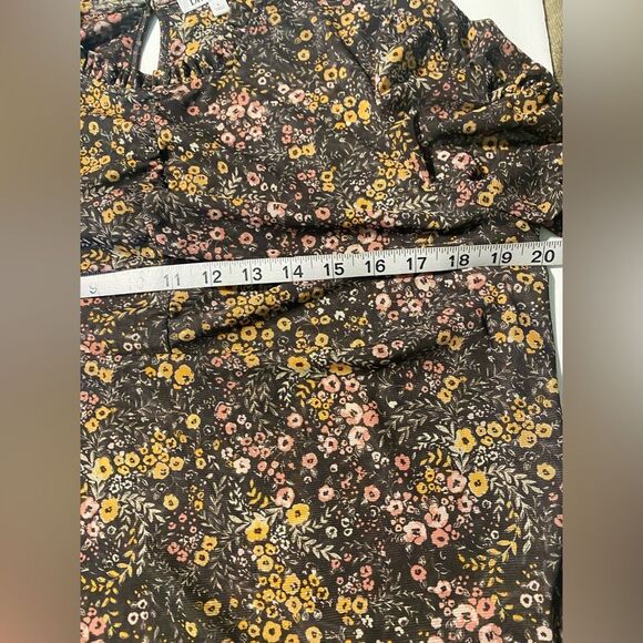 DR2 high neck brown micro floral print short sleeve blouse semi Sheer mesh L - Picture 8 of 9